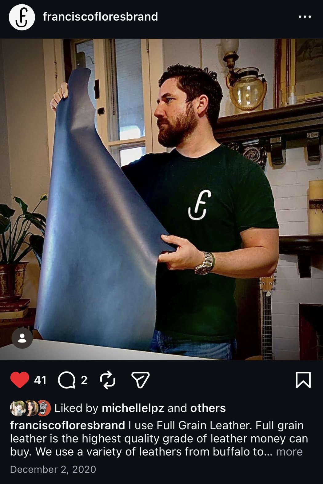Frank Flores holding a hide of full-grain leather, Francisco Flores Brand
