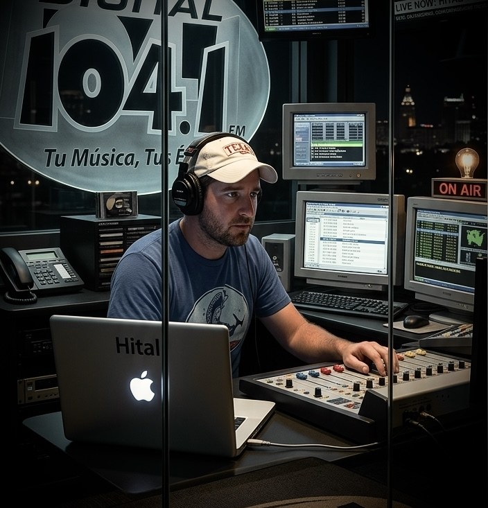 Frank Flores on air at a radio station, headphones on at the board